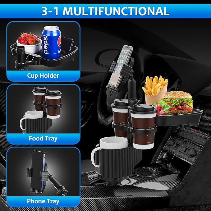 Car Cup Holder Extender Tray, 5-in-1 Removable Car Food Tray, Three Cup Holders and Width Adjustable Swivel Phone Holder, Additional widening Pads Make it Suitable for Most car Models