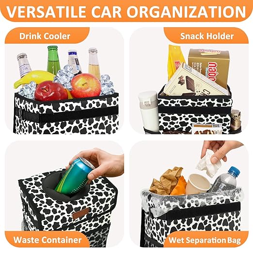 Vankor Car Trash Can for Car Cute,Bag Bin Hanging Waterproof Automotive Garbage Cans Leak Proof Vehicle Trash Can Cow Print