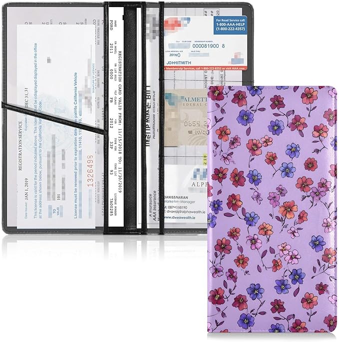 ALAZA Red Blue Flowers Floral Car Registration and Insurance Card Holder Vehicle Glove Box Car Organizer Driver License Documents Holder Waller Case Organizers
