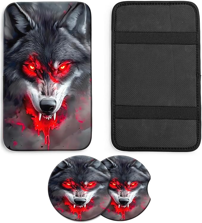 JANENFNA Car Armrest Cover Pads Universal Fashion Cute Auto Center Console Armrest Cover Pad with 2PCS Car Coasters Soft Waterproof Car Armrest Seat Protector for Women,Blood Wolf