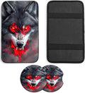 JANENFNA Car Armrest Cover Pads Universal Fashion Cute Auto Center Console Armrest Cover Pad with 2PCS Car Coasters Soft Waterproof Car Armrest Seat Protector for Women,Blood Wolf