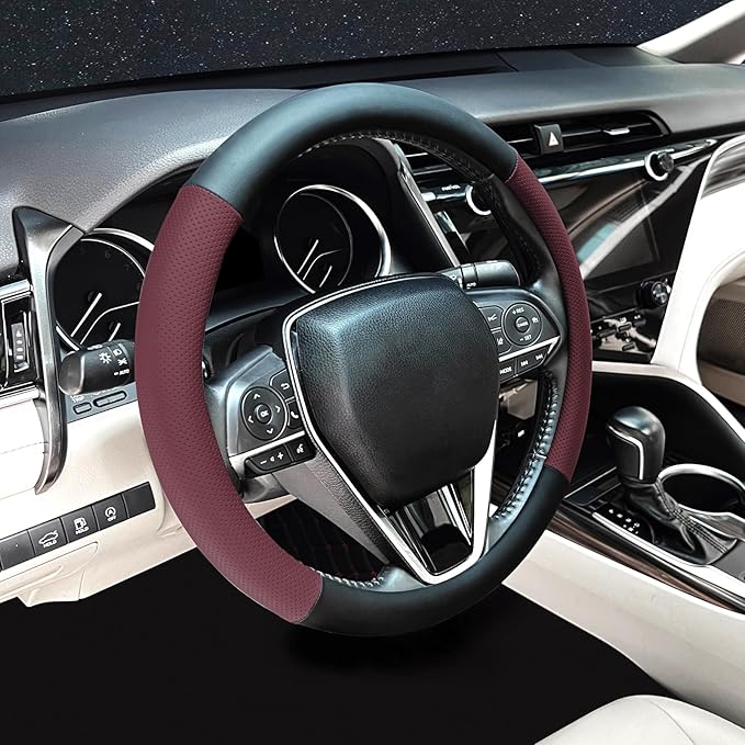 Mihecor Steering Wheel Cover Standard Size 14.5-15 inch, Non-Slip Car Wheel Cover Protector, Breathable Microfiber Leather, Black and Burgundy