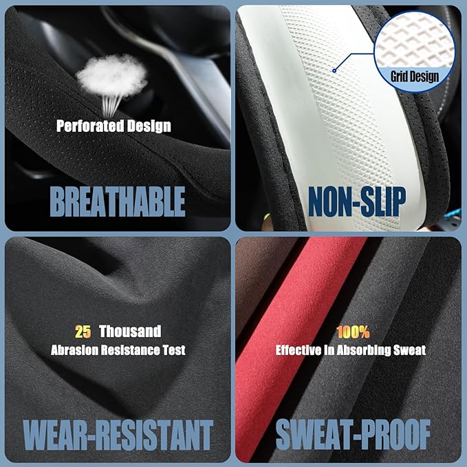 Black Suede D Shaped Steering Wheel Cover, Breathable Non-Slip Sweat-Proof Wear-Resistant No Pilling, Warm in Winter and Cool in Summer, Universal 15 inch