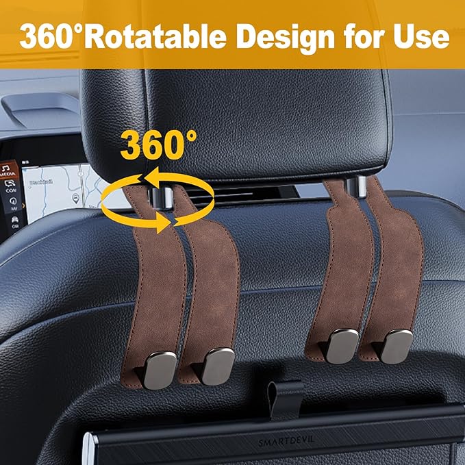 JinnEterri Car Purse Hook Purse Hook for Car Seats Headrest Car Seat Hooks,Heavy Duty Vehicle Organizer for Handbags, Groceries, Purses, Keep Car Tidy (Brown, 4 Pack)