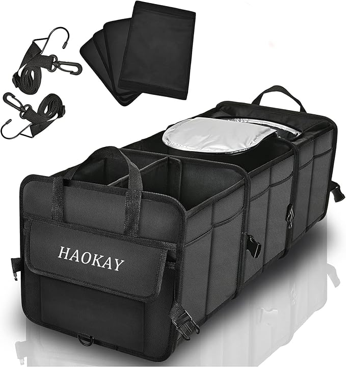 HAOKAY Durable Car Trunk Organizer with Premium insulation cooler bag,Sturdy Collapsible Trunk Storage Organizer, Multi Compartments with Reflective Strip
