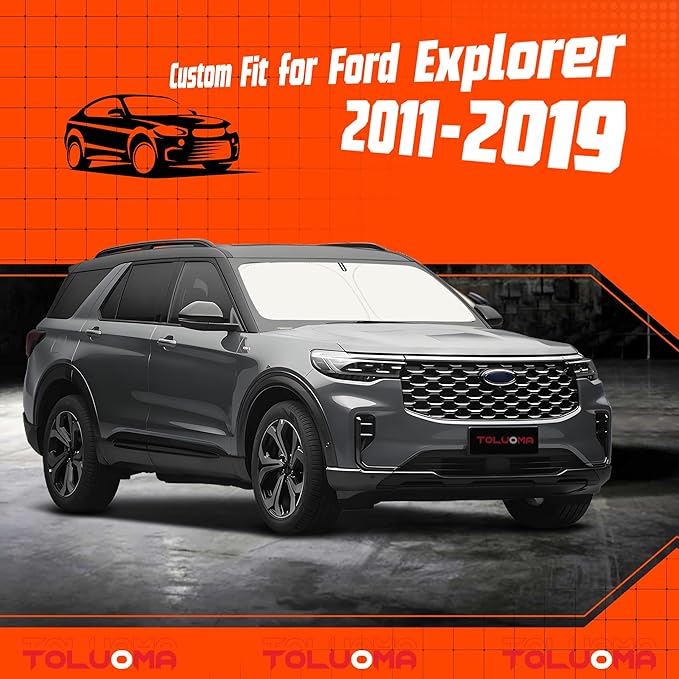 Toluoma Custom Fit Windshield Sun Shade for Ford Explorer 2011-2019 - Full Coverage, 210T Reflective Fabric, Double-Layer Design - Blocks 99% UV Rays, Keeps Car Cool, Easy to Install and Store