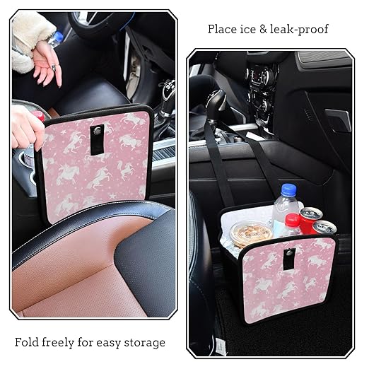 Car Trash Can Organizer Bin with Adjustable Strap for Back Front Seat Console Waterproof Leakproof Collapsible Portable 8.66 Inch Pink Unicorns Silhouette and Stars