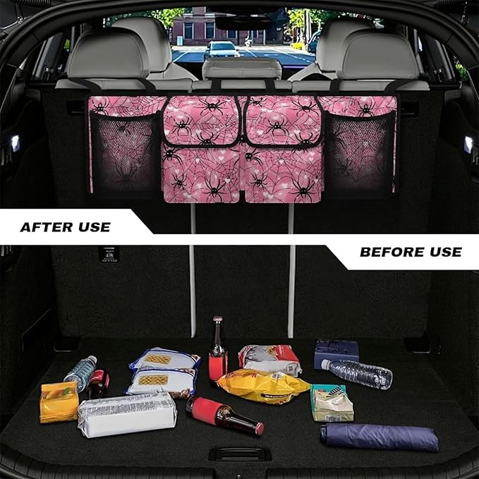 Pink Spiderweb Car Trunk Organizer Bag Car Back Seat Hanging Storage Bag Auto Cargo Bags with 4 Large Pockets Universal Automotive Interior Accessories