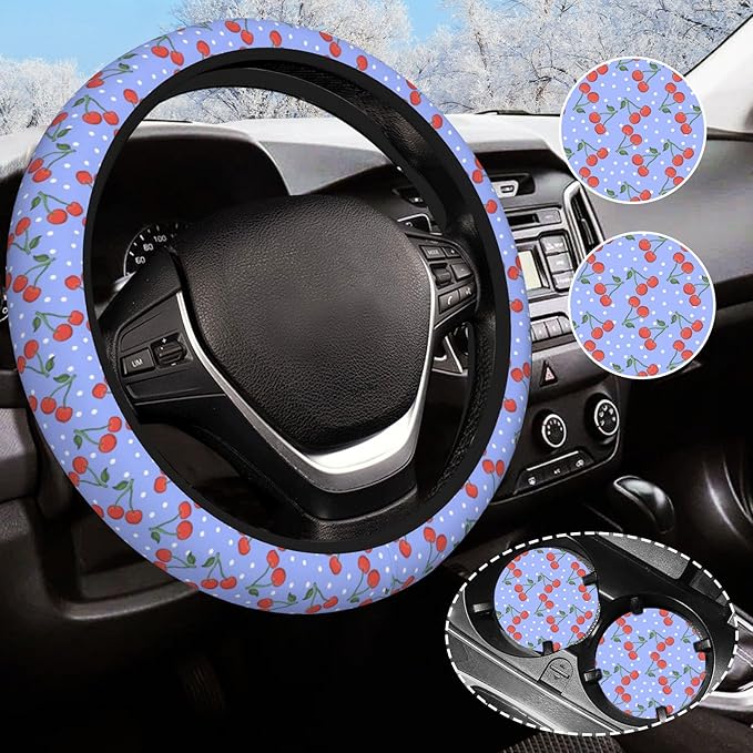 Purple Cherry Steering Wheel Cover for Women Men with 2 Pcs Car Coasters, Universal 14.5-15 Inch Rainbow Steering Wheel Covers Non-Slip Car Accessories for Girls
