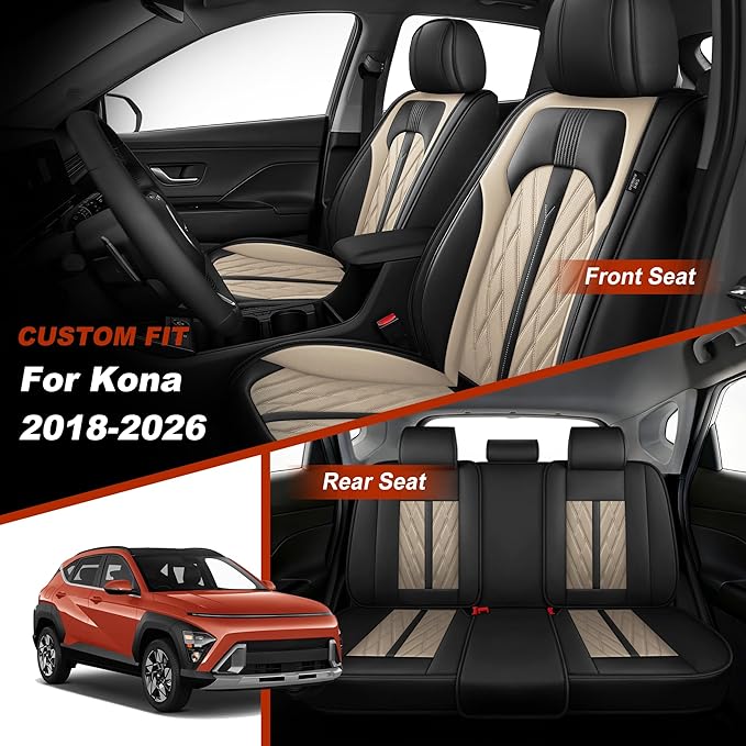 TTX LIGHTING Seat Covers Fit for Hyundai Kona 2018-2026 Seat Covers Full Set Car Seat Covers Faux Leather Breathable Waterproof Car Seat Protector (5 Seats, Black&Beige)
