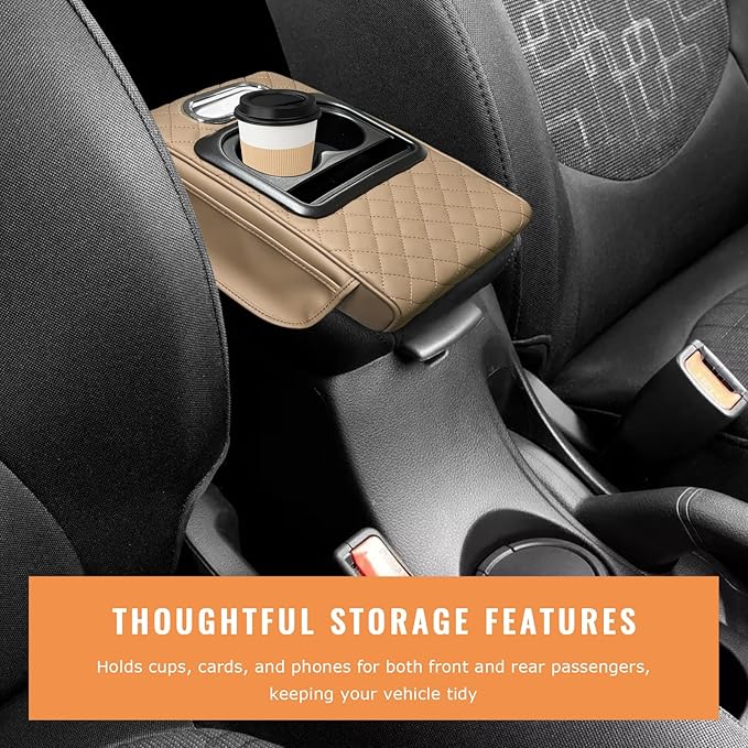 Car Center Console Armrest Pillow, 5-in-1 Armrest Cushion w/ 2 Side Bags, Tissue Box Slot, Cup & Phone Holder, Multifunctional Leather Arm Rest Cover Storage Organizer (Beige, Embroidered)