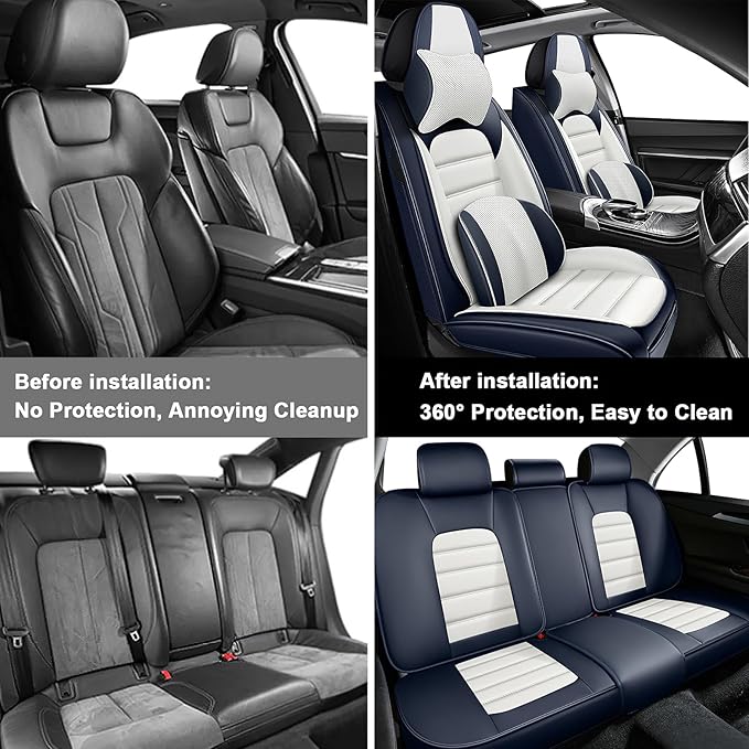 AREKA 5 Car Seat Covers for Honda Accord 2003-2026 Breathable Leather,Waterproof Car Seat Protectors with Comfort Headrest Pillows,Automotive Vehicle Cushion with Storage Pockets (Luxury,Blue)