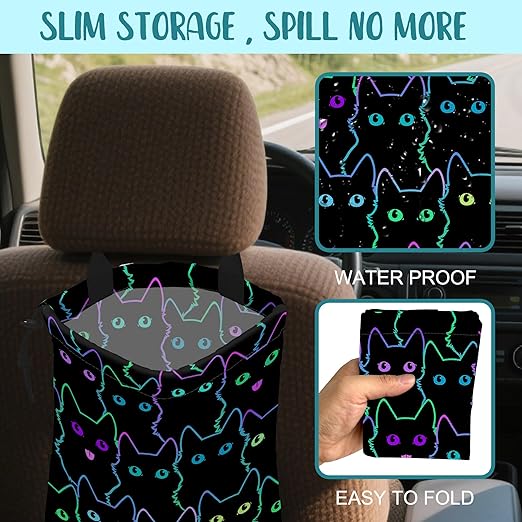 KXWQTRDD Car Trash Bag Cute Neon Cartoon Cat Leak-Proof Waterproof Car Garbage Bag with Drawstring Foldable Canvas Trash Bin with Adjustable Buckle for Car Accessories, Travelling, Camping