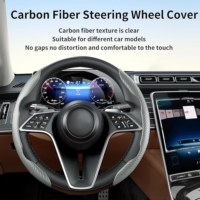 LevChall Carbon Fiber Steering Wheel Cover, 2-Piece Set Anti-Skid Comfortable Grip Segmented Butterfly Design, Easy Snap-On Installation Universal Fit 99% Cars, Gray