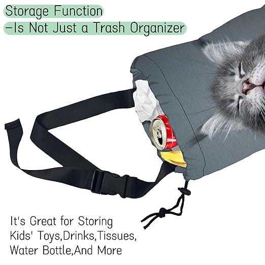 NHNXHWIA Adorable Cat Car Garbage Bag,Kitten Yawning Waterproof Small Car Trash Bag Hanging Back of Seat,Drawstring Hanging Car Trash Bag with Adjustable Buckle for Car Accessories