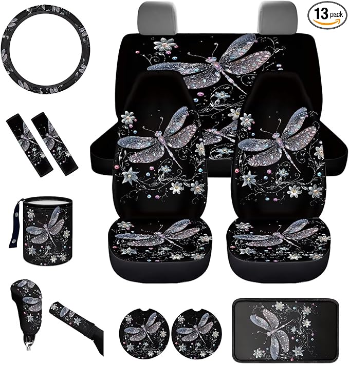 Dngkaoje Dragonfly Car Seat Covers Full Set 13 Pack Women Auto Interior Seat Protective for Front and Rear Art Dragonfly Car Accessories for Ladies Girly Hanging Trash Bag,Seatbelt Pads,Armrest Pad