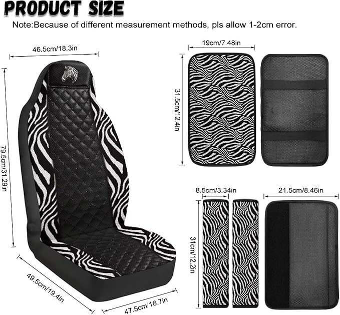 Psesaysky Zebra Black Car Seat Covers for Women Men, Car Front Seat Protector with 2 pcs Shoulder Strap Pads Cover Center Console Armrest Covers Universal Fit Most Truck SUV Van