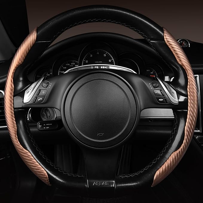 CAR PASS Carbon Fiber Steering Wheel Cover, Segmented Wheel Protector Non-Slip Sporty Car Accessories, Universal Fit for D-Shape O-Shape 14.5" to 16" Steering Wheels for Men Women, 2pcs Brown Carbon