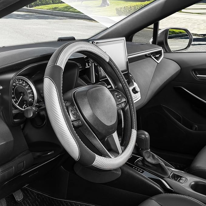 SEG Direct Steering Wheel Cover for Car, Standard Size 14.5-15 inch, Auto Interior Accessories, Black with Sliver Carbon Fiber Pattern