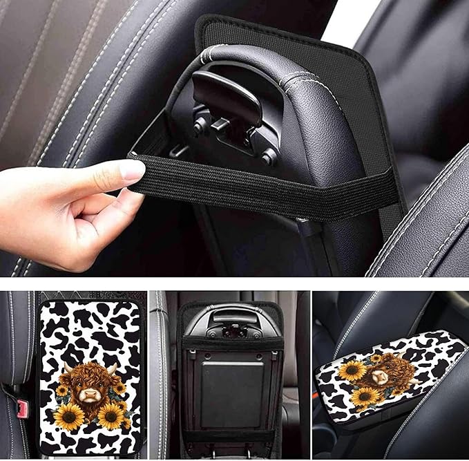 Highland Cattle Cow Print Car Center Console Cover Pad,Universal Armrest Seat Box Cover for Most Vehicle, SUV, Truck