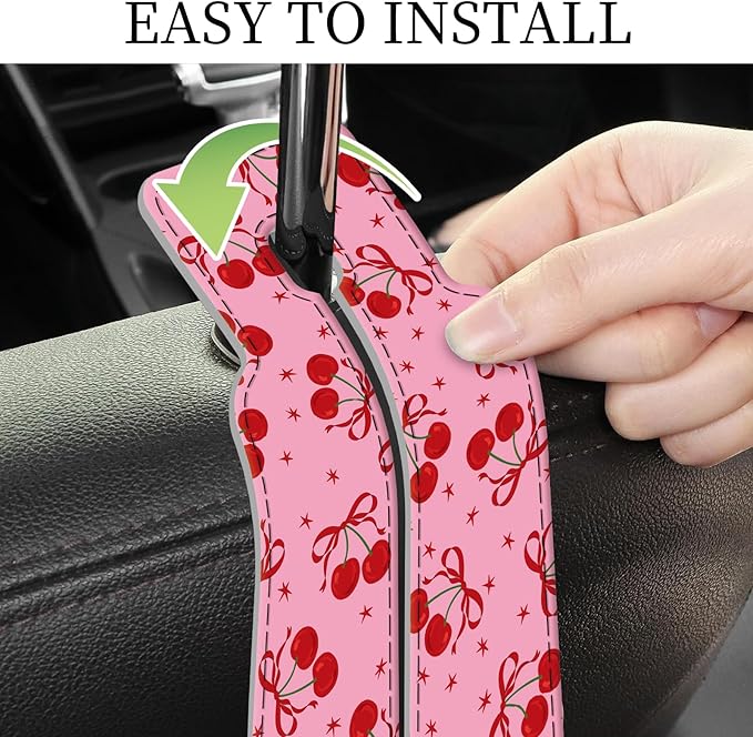 AXRQLSU PU Leather Car Seat Hook, Storage Headrest Hanger, Cute Car Backseat Organizer, Car Hooks For Purses and Bags Pink Cherry Print