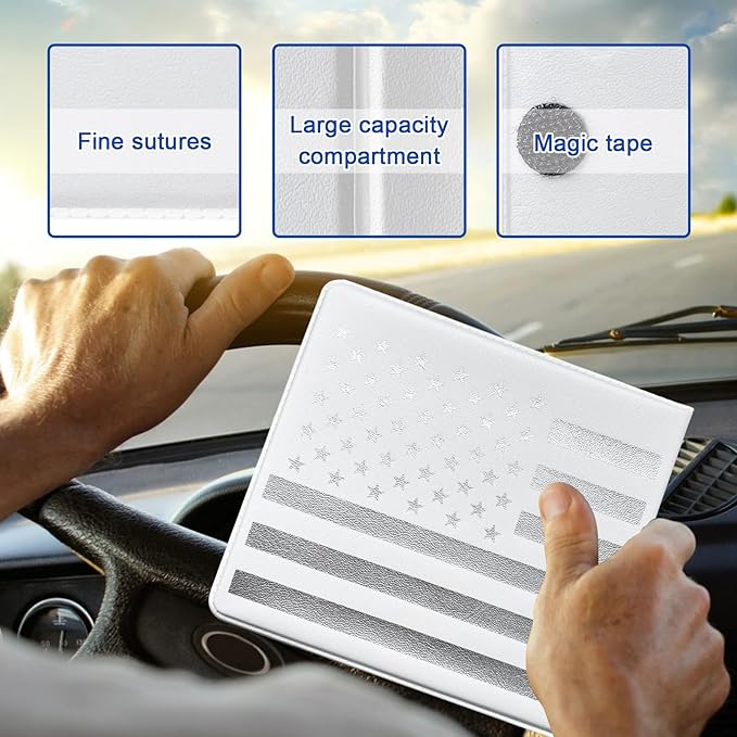 Ziciner Car Registration Insurance Holder, 2Pack Essential Auto Card Document Glove Box Organizer with Touch Fastener, Vehicle Interior Accessories Perfect for Most Car, Truck, SUV (White/Back Flag)