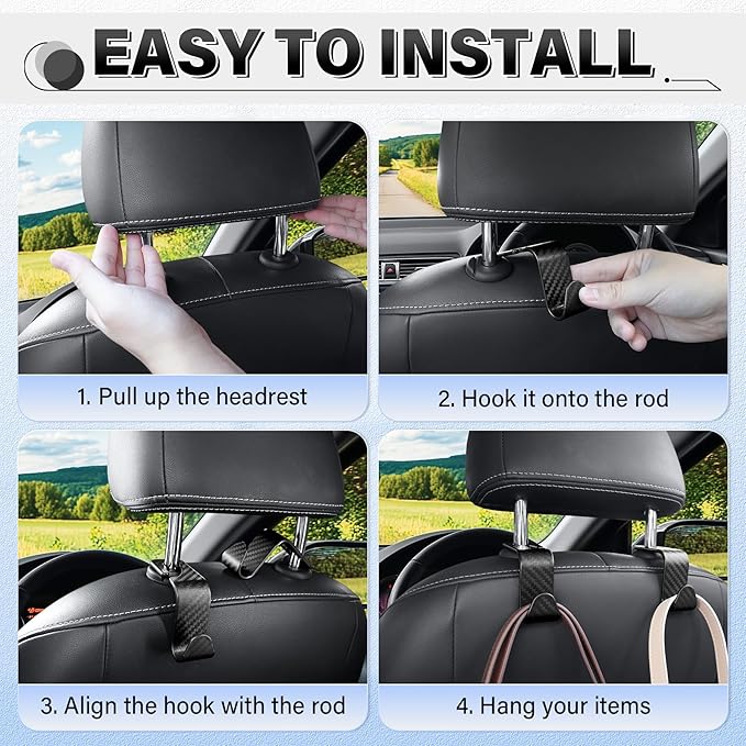 SINGARO Universal 2 Pack Car Seat Headrest Purse Hook, Carbon Fiber Back Seat Hook Storage Organizer Hanger for Purse Handbag Coat, Car Interior Accessories(Black)