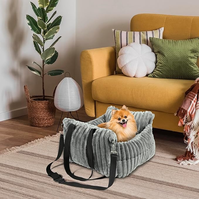 HOMLOVE Dog Car Booster Seat, for Small Dogs Under 30 lbs, Detachable Washable Travel Bed with Storage Pockets and Safety Belt (Grey, Medium)