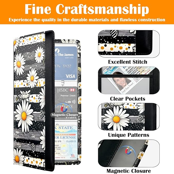 FinestHouse Car Registration and Insurance Holder with Magnetic Closure, Universal Document Organizer for License, Insurance Cards & Glove Box Storage (Daisy)