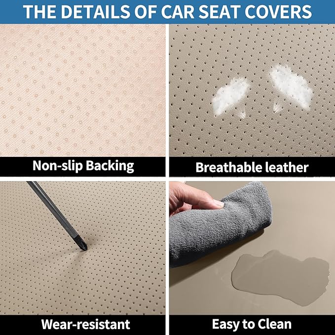 SCOMEE Beige Leather Car Seat Covers Full Set Breathable Seat Protectors Waterproof Automotive Seat Covers Universal Fit for Most Cars SUVs Trucks Vehicles