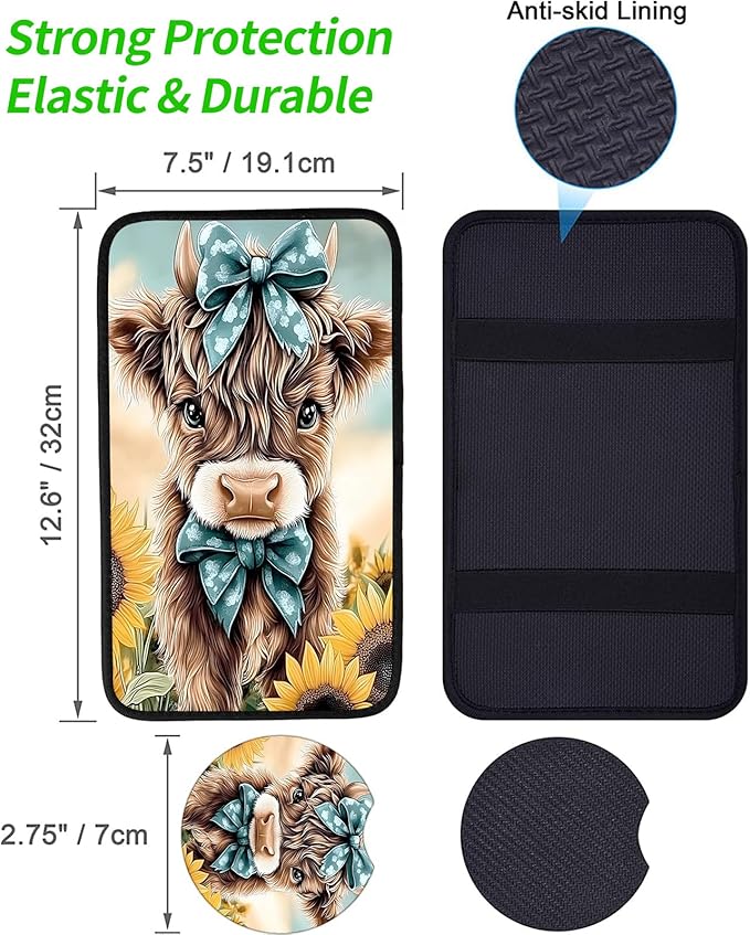 JANENFNA Car Armrest Cover Pads Universal Fashion Cute Auto Center Console Armrest Cover Pad with 2PCS Car Coasters Soft Waterproof Car Armrest Seat Protector for Women,Cow with Blue Bows-A