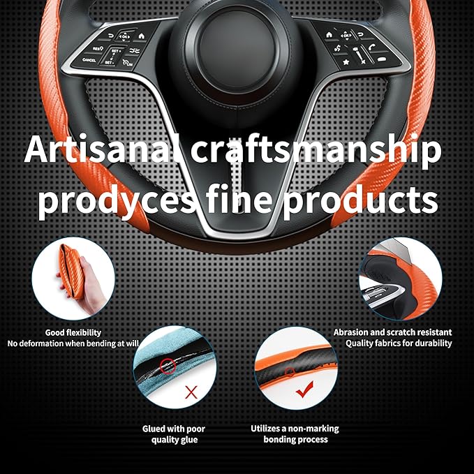 LevChall Carbon Fiber Steering Wheel Cover, 2-Piece Set Anti-Skid Comfortable Grip Segmented Butterfly Design, Easy Snap-On Installation Universal Fit 99% Cars, Orange
