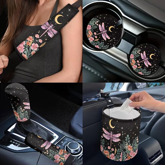 Dngkaoje 13 Pack Flower Dragonfly Car Seat Covers Full Set,Universal Front and Rear Split Bench Seat Covers for Cars Cute Dragonfly Print Hanging Trash Bag,Seatbelt Shoulder Pads,Armrest Cushion Pad