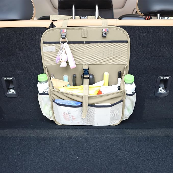 Hanging Car Trunk Organizer and Storage, Premium Faux Leather Large Capacity Storage Accessories, Backseat Car Organizer for SUV/MPV/Truck (1, Beige)