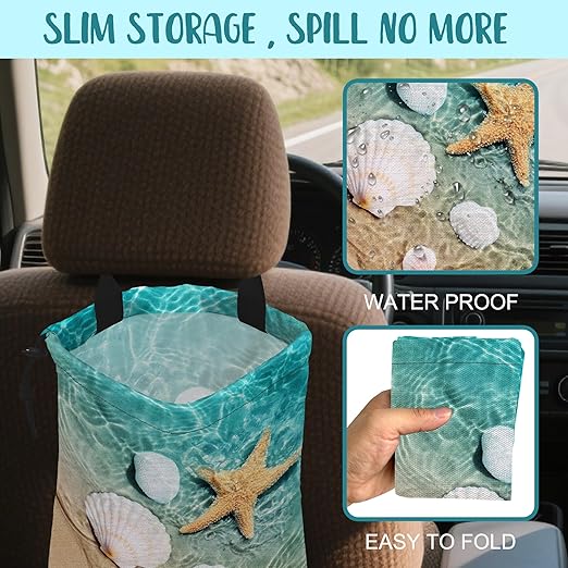KXWQTRDD Car Garbage Bag Summer Starfish Seashell on Beach Hanging Canvas Car Trash Bag Waterproof Drawstring Car Back Seat Organizer for Car Back Front Seat Console with Adjustable Buckle
