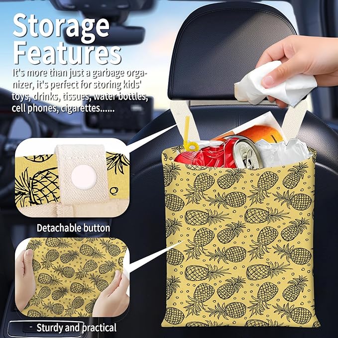 BEAKND Hanging Car Garbage Bag, Cute Car Trash Can Bag, Automotive Accessories for Women Men Cute Yellow Pineapple