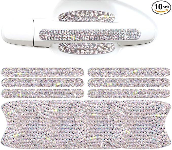 10 Pack Car Rhinestone Bling Door Handle Reflective Trim Stickers Universal Side Rear View Mirror Safety Scratch Resistant Protector Galaxy AB Set
