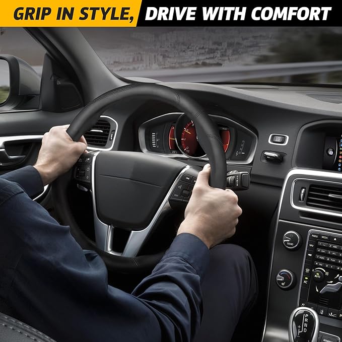 EcoNour Car Steering Wheel Cover | Premium & Durable PU Leather with Anti-Slip Design | Universal Fit 14.5" - 15" Steering Wheel Cover | Car and Truck Accessories - Black