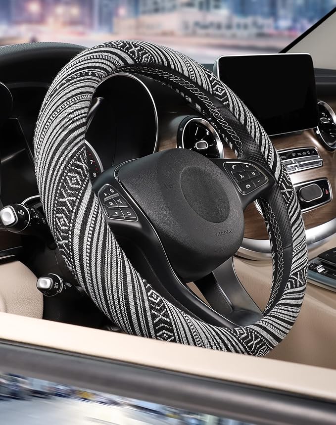 SEG Direct Boho Steering Wheel Cover with Baja Blanket Cloth, Ethnic Style Auto Wheel Cover Made of Coarse Flax, Fits 14 1/2-15 1/4 inches Car Wheel