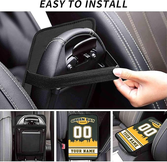 Custom Green Bay Car Armrest Covers Personalized Football Style with Name Number Customized Auto Center Console Pad Car Handrail Box Cushion for Most Vehicle Decor Accessories, Fans Gift