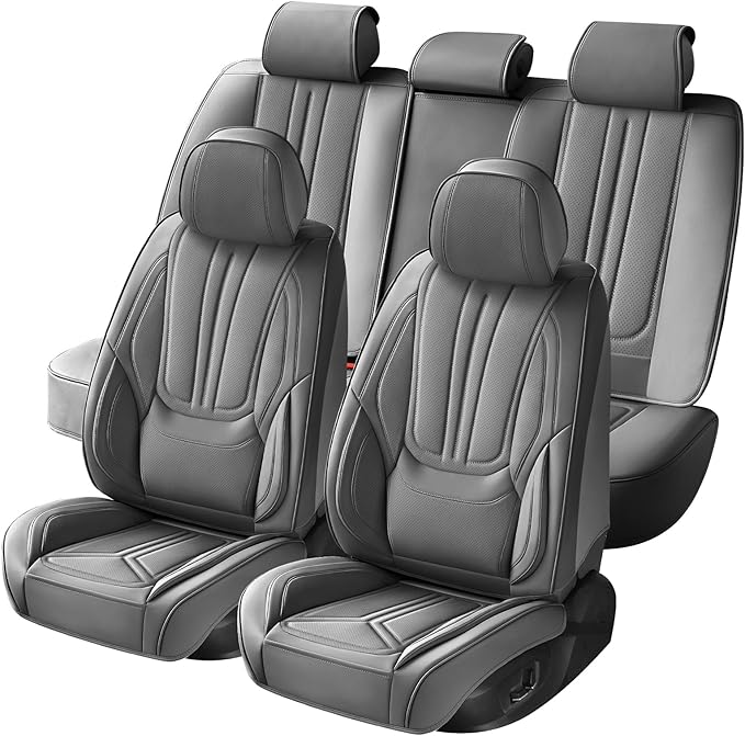 SCDOOCA Car Seat Covers Full Set Gray, Luxury Leather Car Seat Covers, Waterproof and Breathable Seat Covers, Universal Car Seat Protector Fit for Cars, Trucks, SUVs, Pick-ups (Gray, FullSet)