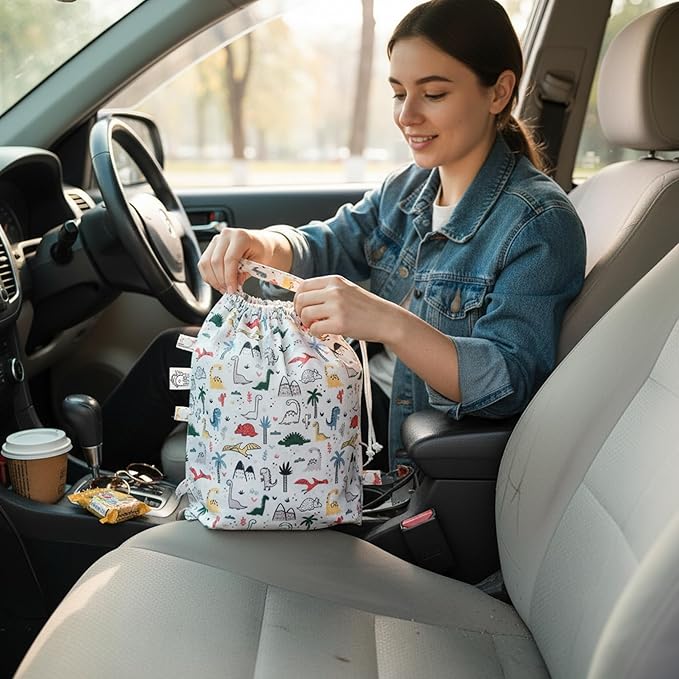 FLOCK THREE Leak-Proof Waterproof Car Trash Bag Foldable Multipurpose Trash bin Container Storage Cute Grocery Organizer Bag for Automotive Front or Back Seat in Cars SUVs and Trucks (Dino)