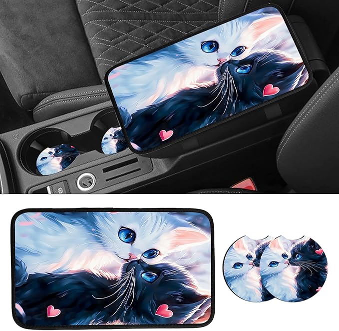JANENFNA Car Armrest Cover Pads Universal Fashion Cute Auto Center Console Armrest Cover Pad with 2PCS Car Coasters Soft Waterproof Car Armrest Seat Protector for Women,Cat Couple