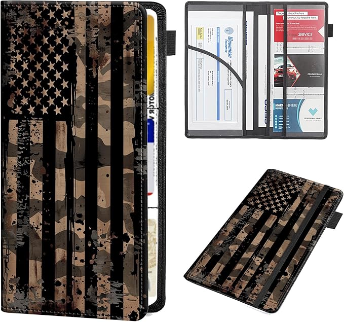 RAUEDWDJS Car Registration and Insurance Holder,Leather Vehicle Glove Box Organizer Wallet Case for Driver's License,ID Key Information Cards-Camouflage Flag