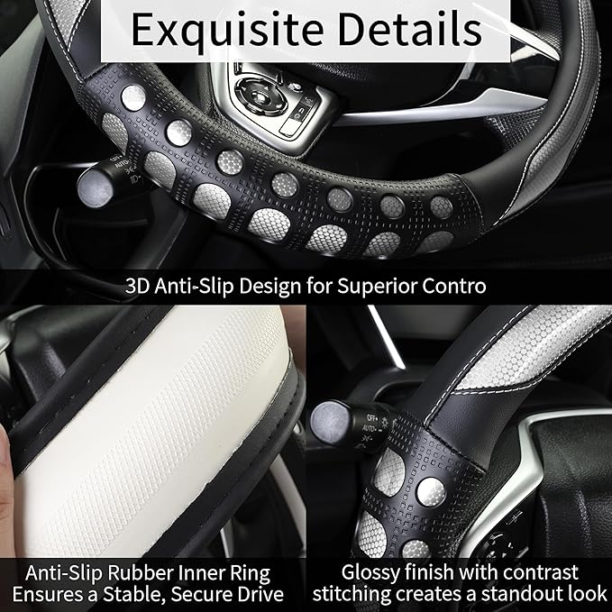 QCYP PU Leather Car Steering Wheel Cover with Anti-Slip Grip, for Women and Men, Universal Fit for 14.5-15 Inch Cars, Trucks, SUVs (Gray (Round), Medium(Standard) Size[14 1/2''-15''])