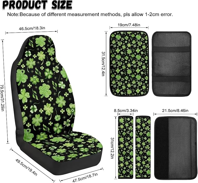 Oramclsy Shamrock Print Heavy Duty Car Seats Seat Covers with Universal Armrest Pad PU Breathable Seat Belt Covers 6 Pack Set St Patricks Day Accessories