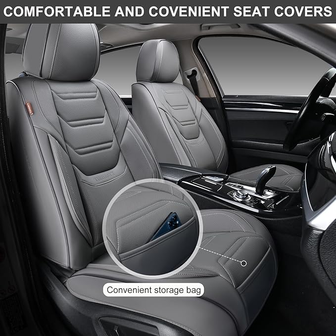 TIEHESYT Leather Car Seat Covers Full Set with Lumbar Support, Breathable and Waterproof Car Seat Cover, Universal Seat Covers for Cars, Trucks, SUVs, Sedans, Airbag Compatible, Gray
