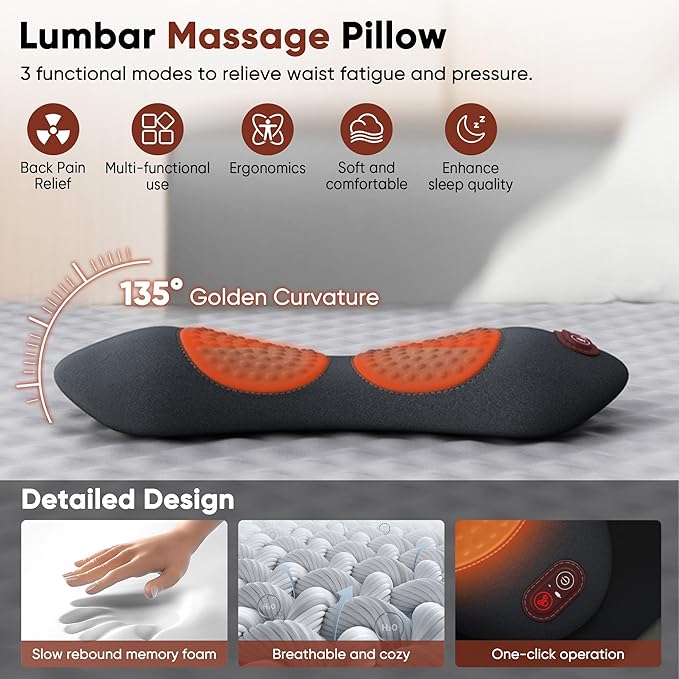 3 in 1 Upadate Rechargeable Electric Lumbar Support Pillow with Adjustable Height for Bed and Chair,Back Massager with Heat,Back Massager for Pain Relief Deep Tissue,Waist Wedge Bolster (Black)