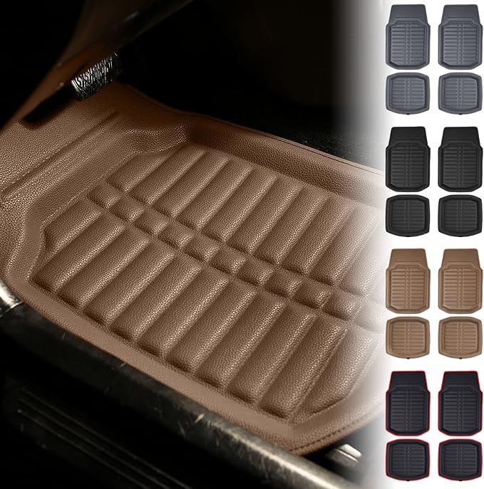 FH Group Automotive Floor Mats - PU Leather Floor Mats, Deep Dish Design, Floor Mats for Cars, Universal Fit Floor Mats Full Set, Floor Mats For Most Sedan, SUV, Truck Floor Mats Solid Beige