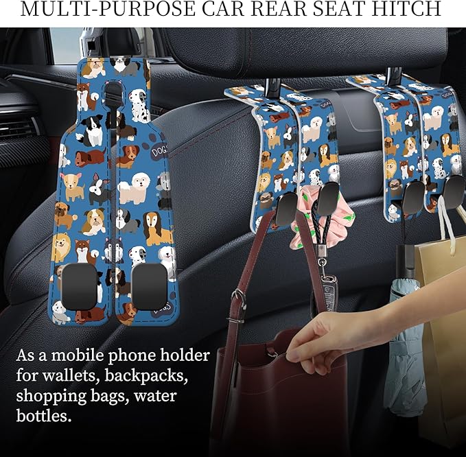 AXRQLSU PU Leather Car Seat Hook, Storage Headrest Hanger, Cute Car Backseat Organizer, Car Hooks for Purses and Bags Blue Cute Dogs